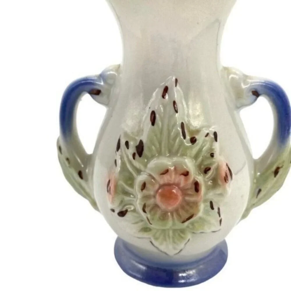 Vintage Lusterware Double Handle Floral Bud Vase Brazil - Picture 2 of 8
